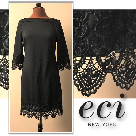 ECI Dresses & Skirts - ECI Black Boat Neck Dress with Elegant Lace Trim